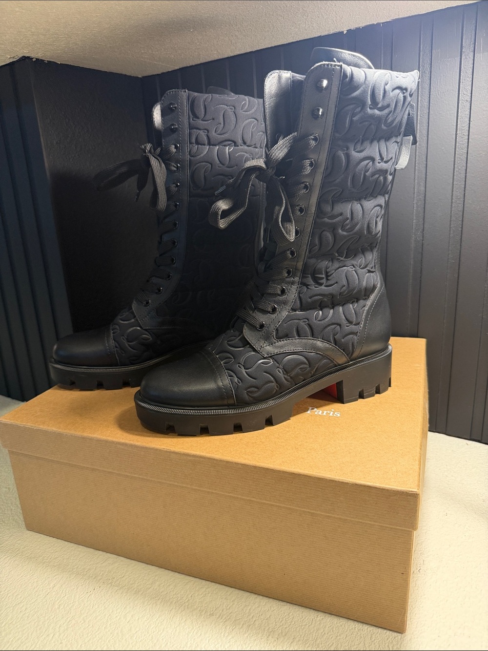 Christian Louboutin Black Quilted Lace-Up Combat Boots